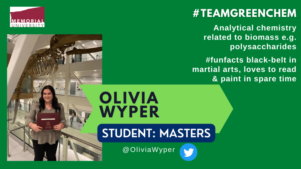 Photos of students and researchers on a green background with text descriptions of their research interests and outside interests #funfacts